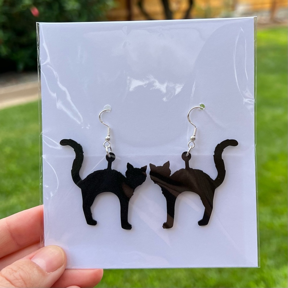 Black Cat Halloween Silver Hook Dangly Earrings New Handmade